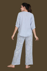 Velure Blue Floral Print Night Suit - Velure - Long Top and Pant - 3/4 Sleeves, Floral Print, Full Length Pant, Linen