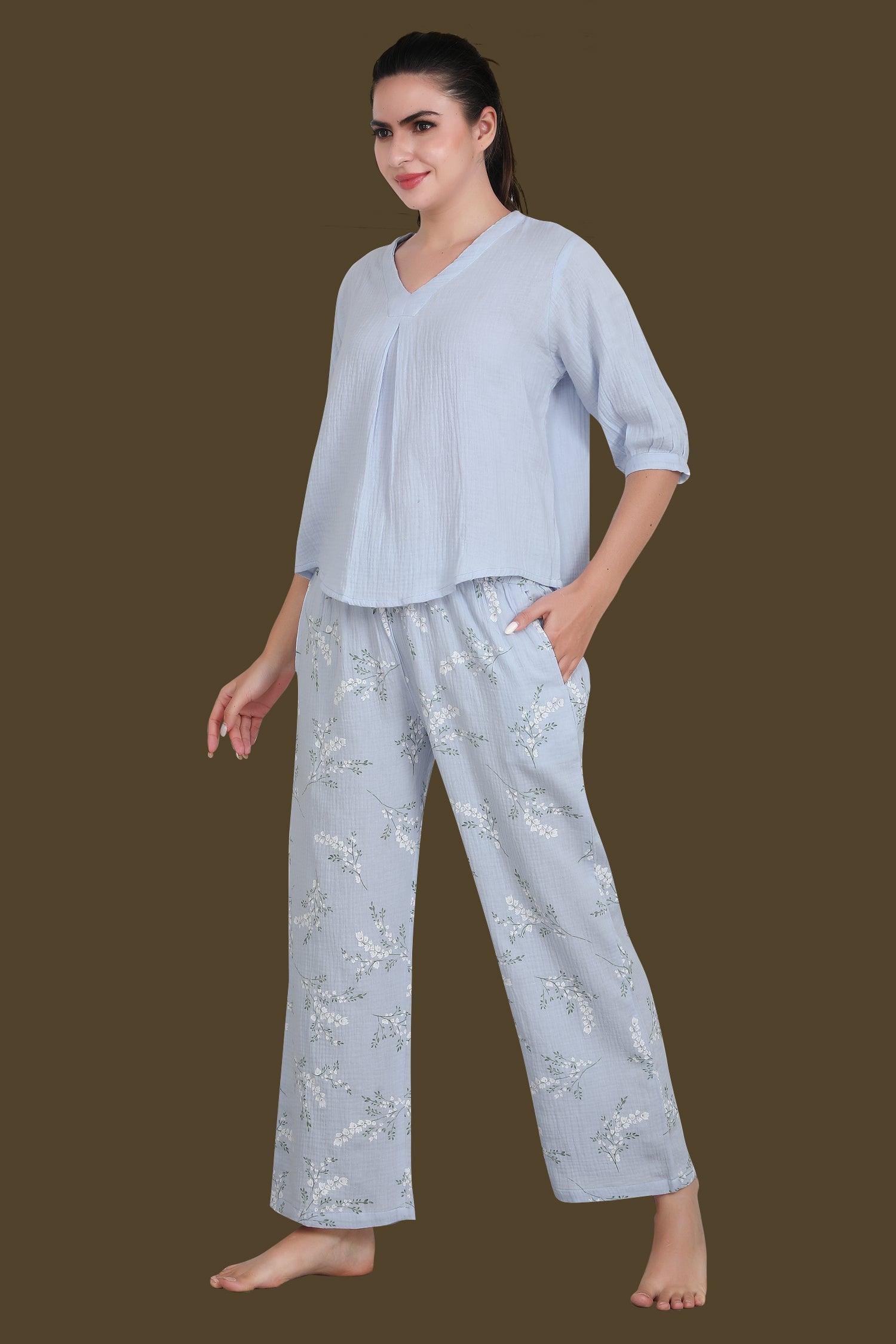 Velure Blue Floral Print Night Suit - Velure - Long Top and Pant - 3/4 Sleeves, Floral Print, Full Length Pant, Linen