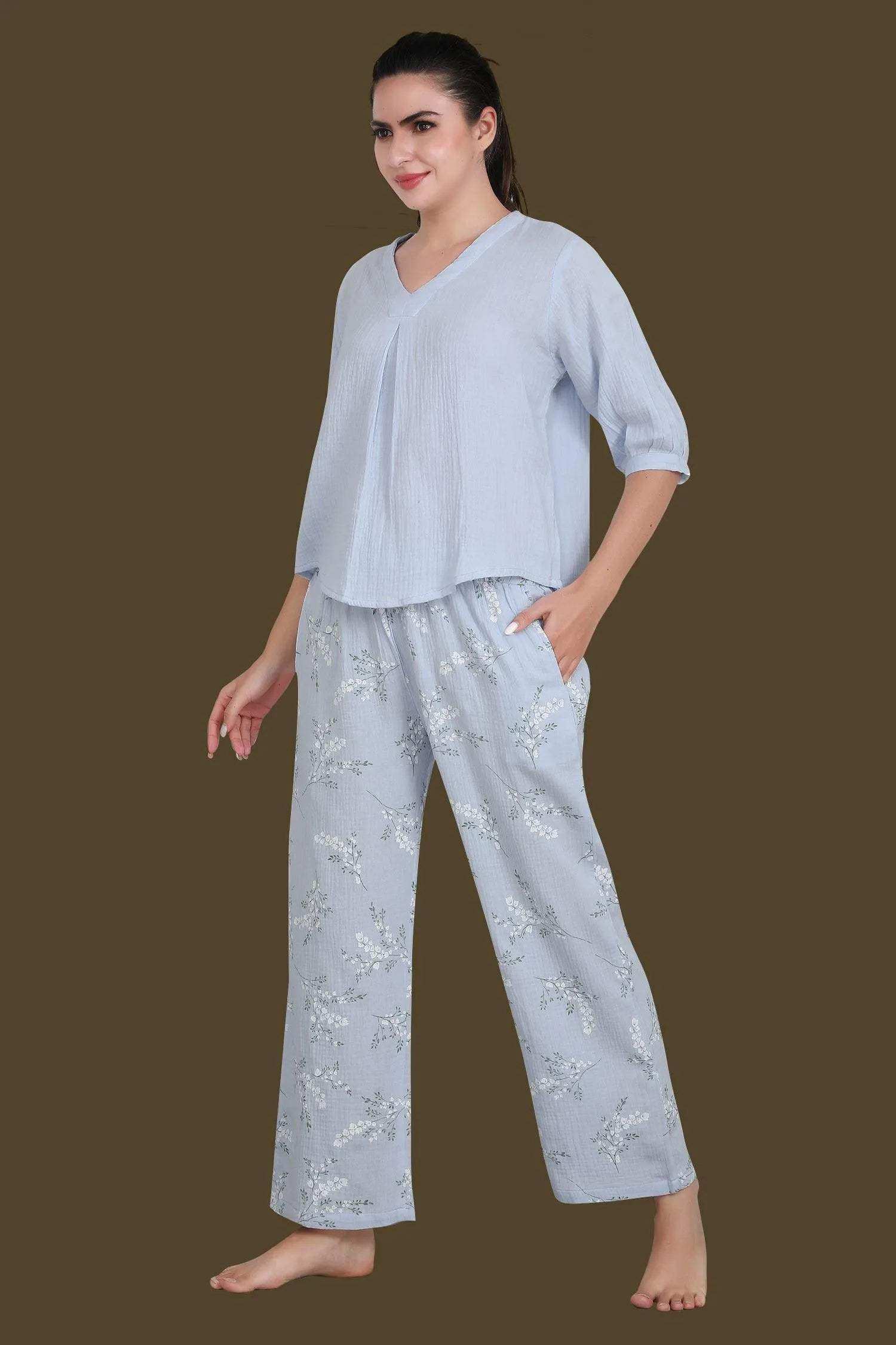Velure Blue Floral Print Night Suit - Velure - - 3/4 Sleeves, Floral Print, Full Length Pant, Linen