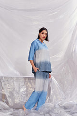 Velure Tropical Blue Co-ord Set - Velure - Shirt and Pant - 3/4 Sleeves, Collar Neck, Cotton, Front Button Open, Full Length Pant, Ombre