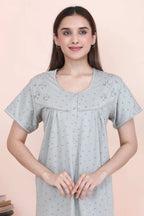 Velure Grey Floral Print Hosiery Nighty - Velure - - Full Length Nighty, Half Sleeves Nighty, Hosiery Cotton, Printed
