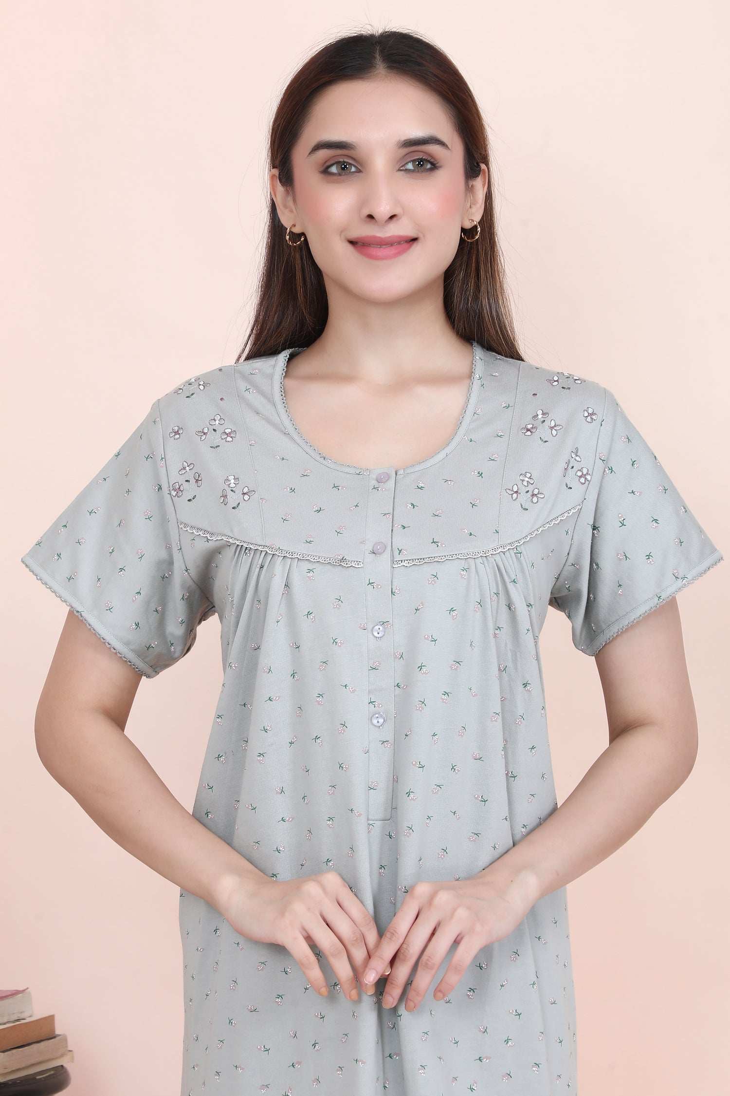 Velure Grey Floral Print Hosiery Nighty - Velure - - Full Length Nighty, Half Sleeves Nighty, Hosiery Cotton, Printed
