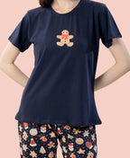 Velure Classic Gingerbread Cookie Print Pajama Set - Velure - - Cotton Lycra Fabric, Full Length Pant, Half Sleeves, Round neck nightsuit