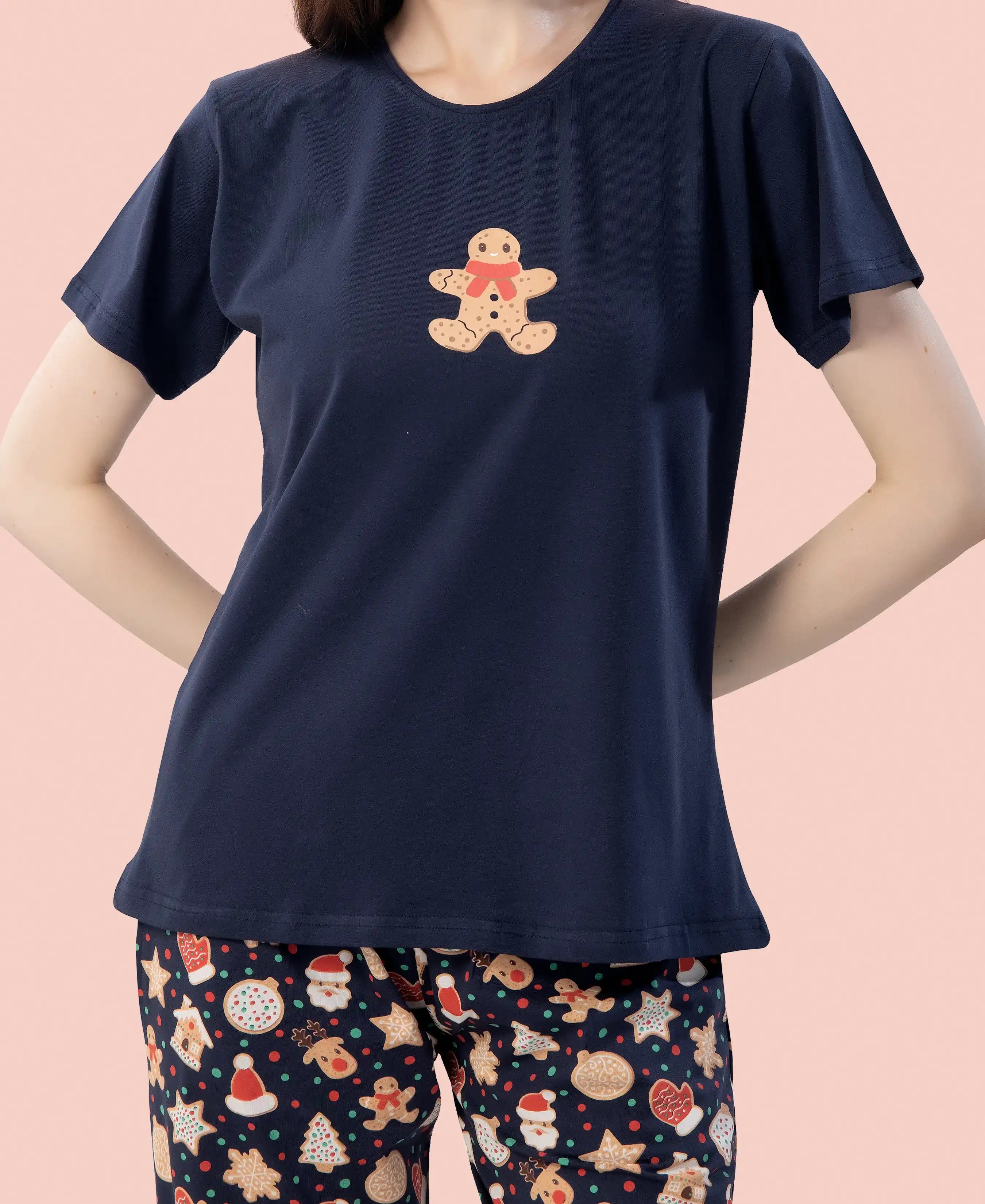 Velure Classic Gingerbread Cookie Print Pajama Set - Velure - - Cotton Lycra Fabric, Full Length Pant, Half Sleeves, Round neck nightsuit