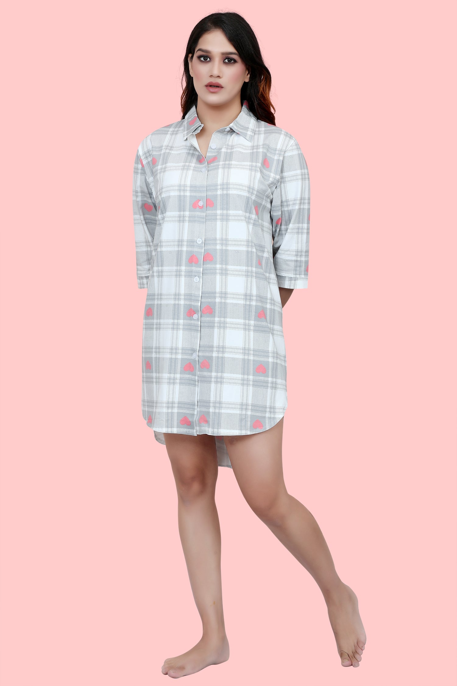 Velure Checked Heart Print Short Night Shirt - Velure - - 3/4 Sleeves, Collar Neck, Cotton, Front Button Open, Knee Length