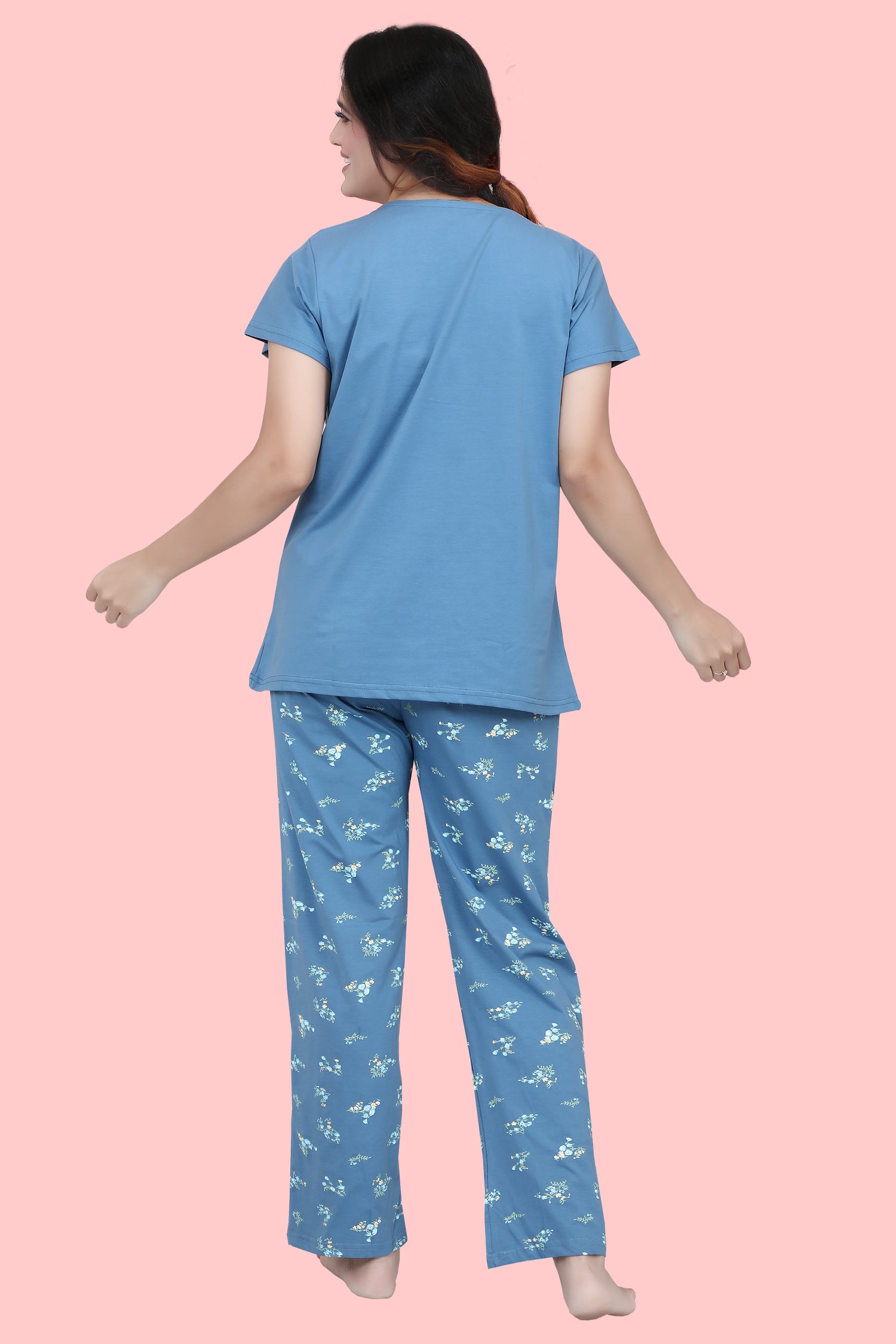 Velure Classic Floral Print Pajama Set - Velure - T-Shirt and Pant - Cotton Lycra Fabric, Floral Print, Full Length Pant, Half Sleeves, Round neck nightsuit