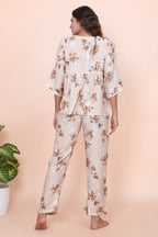 Velure Trendy Brown Floral Print Frock-Style Night Suit - Velure - - 3/4 Sleeves, Cotton, Frock Style, Full Length Pant, Linen, V Neck