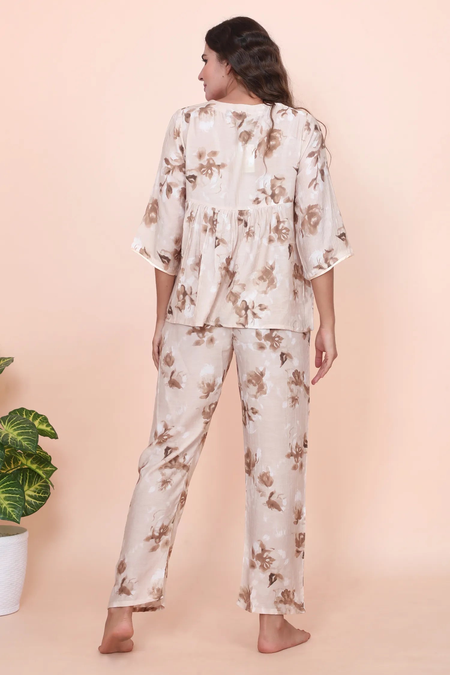 Velure Trendy Brown Floral Print Frock-Style Night Suit - Velure - - 3/4 Sleeves, Cotton, Frock Style, Full Length Pant, Linen, V Neck