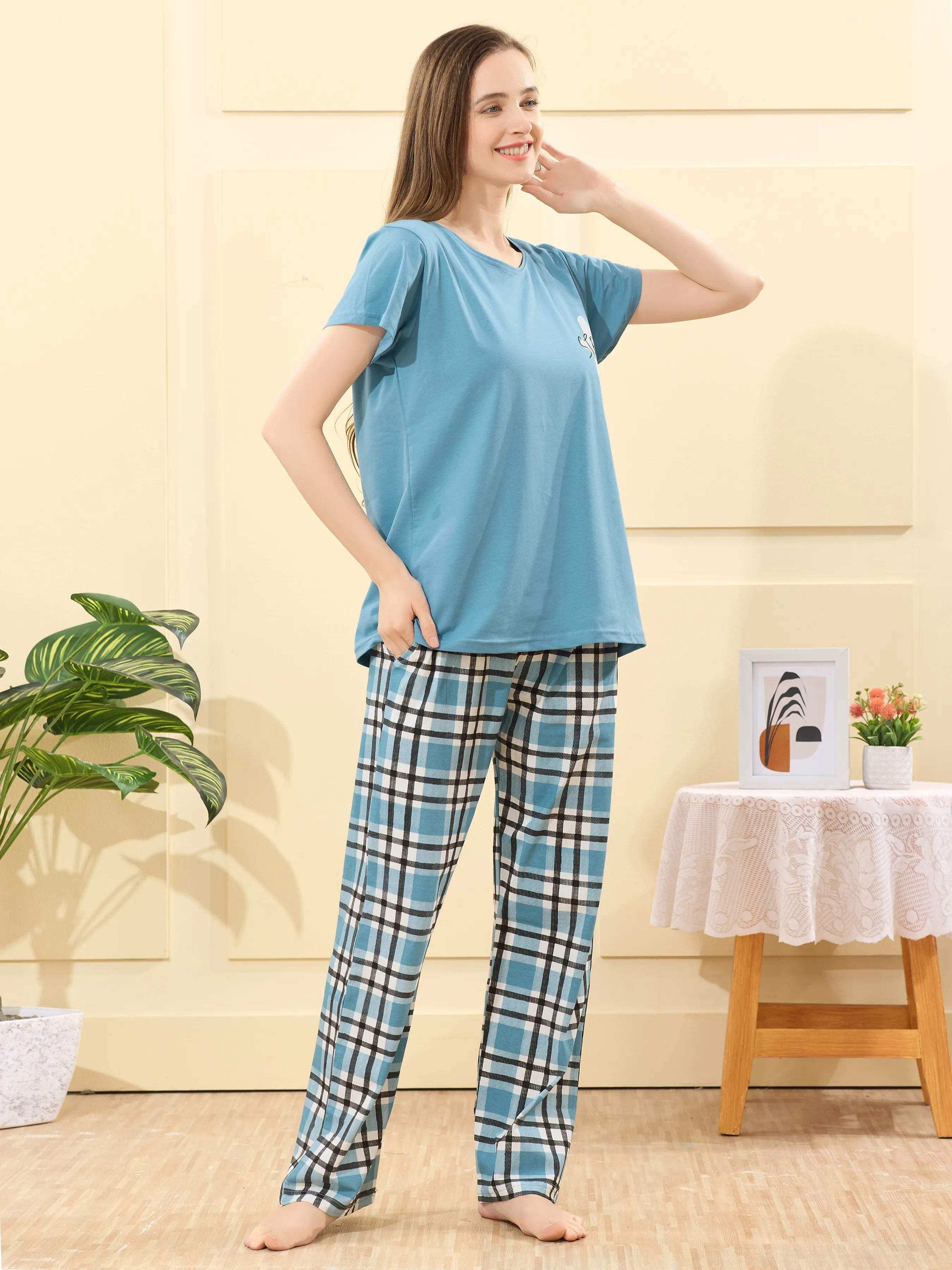 Velure Luxurious Printed Pajama Set - Velure - - Cotton Lycra Fabric, Full Length Pant, Half Sleeves, Round neck nightsuit