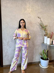 Velure Sweet Cozy Floral Cotton Night Suit - Velure - - 3/4 Sleeves, Collar Neck, Cotton, Floral Print, Front Button Open, Full Length Pant