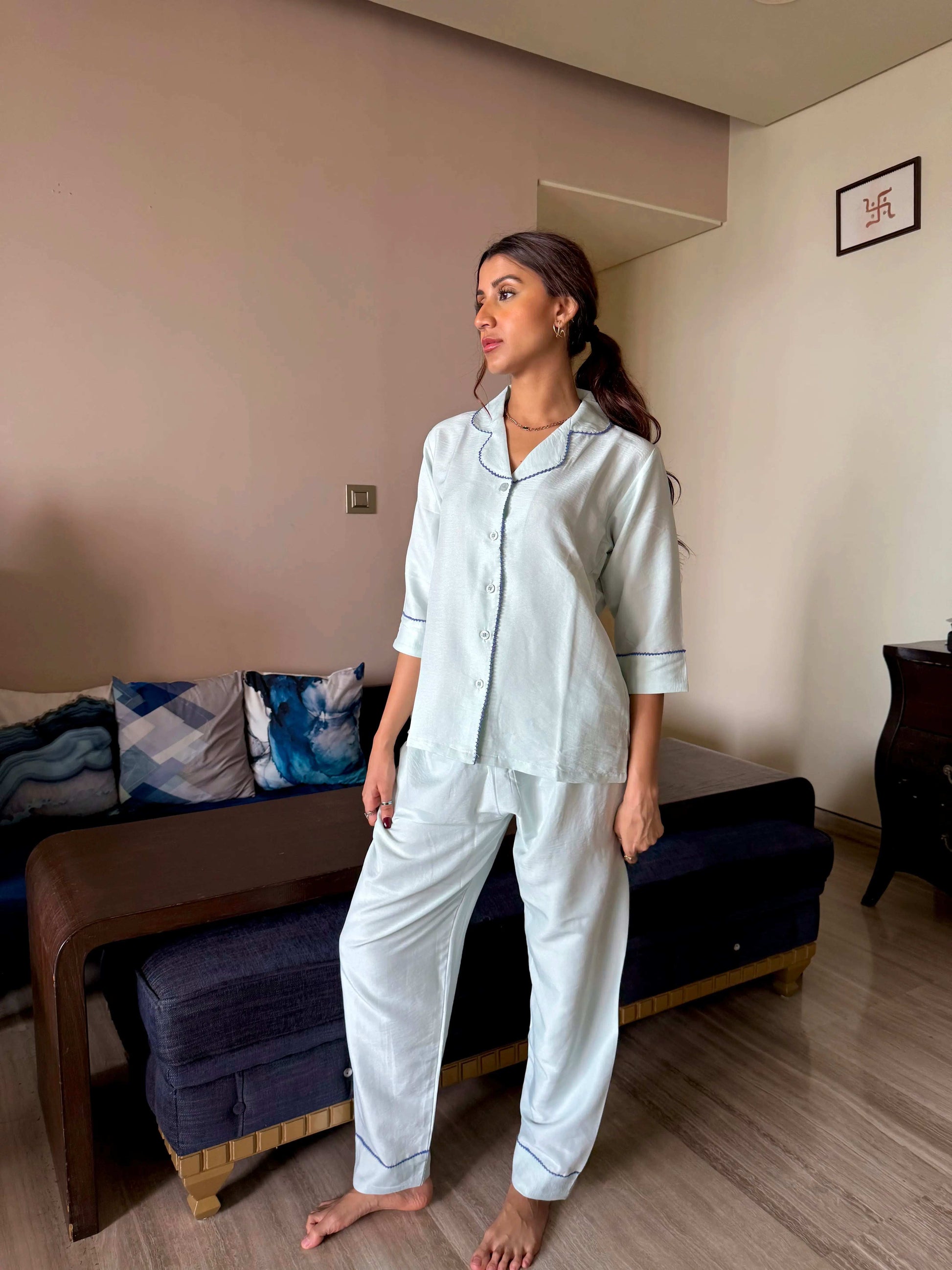 Velure Mint Cotton Essence Night Suit - Velure - - 3/4 Sleeves, Collar Neck, Cotton, Front Button Open, Full Length Pant