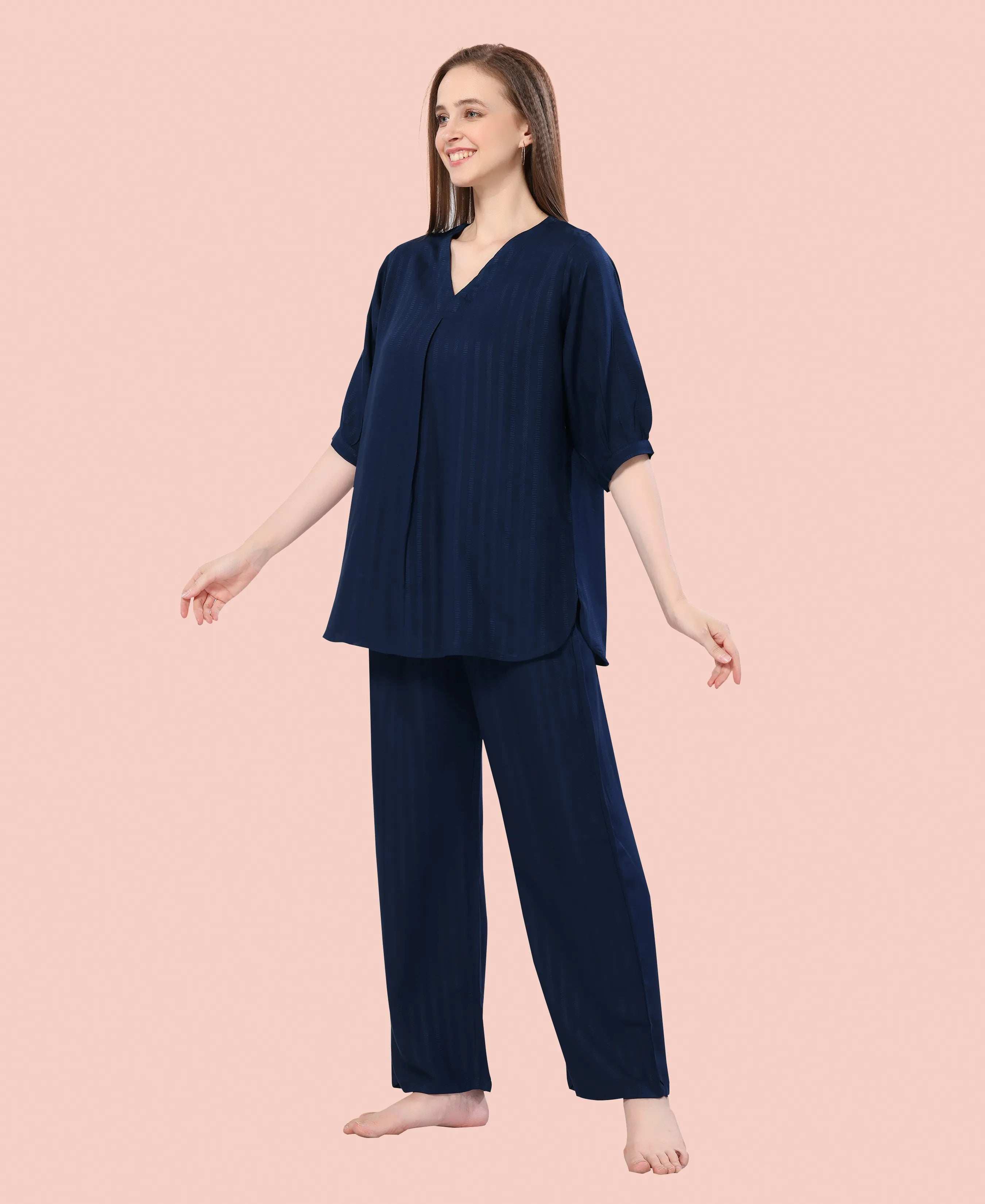 Velure Trendy Navy Blue Kurti Style Night Suit - Velure - - 3/4 Sleeves, Collar Neck, Cotton, Front Button Open, Full Length Pant
