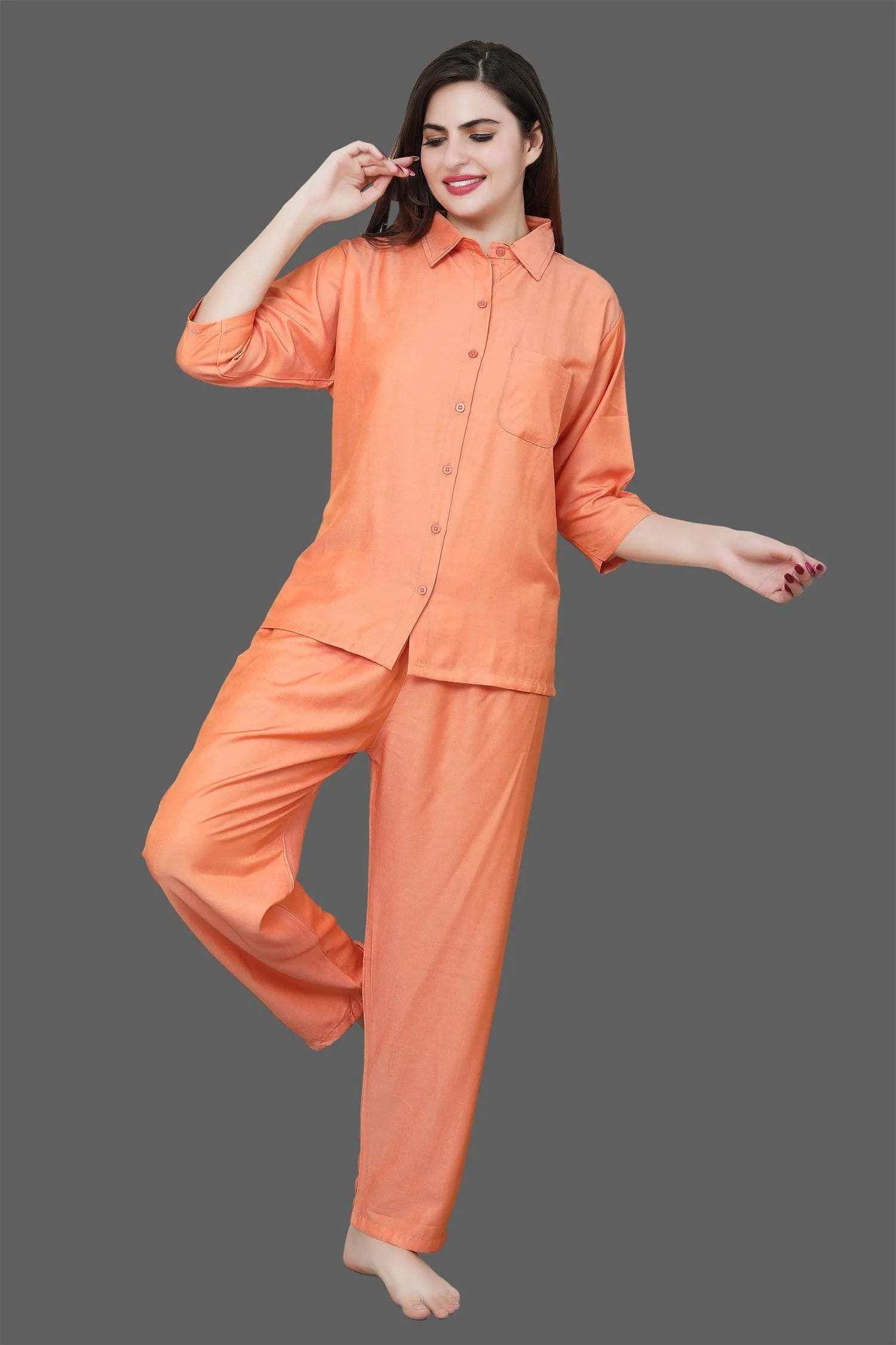 Velure Classy Co-ord Set - Velure - - 3/4 Sleeves, Collar Neck, Cotton, Front Button Open, Full Length Pant