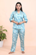 Velure Appealing Floral Print Night Suit - Velure - - 3/4 Sleeves, Collar Neck, Front Button Open, Full Length Pant, Satin