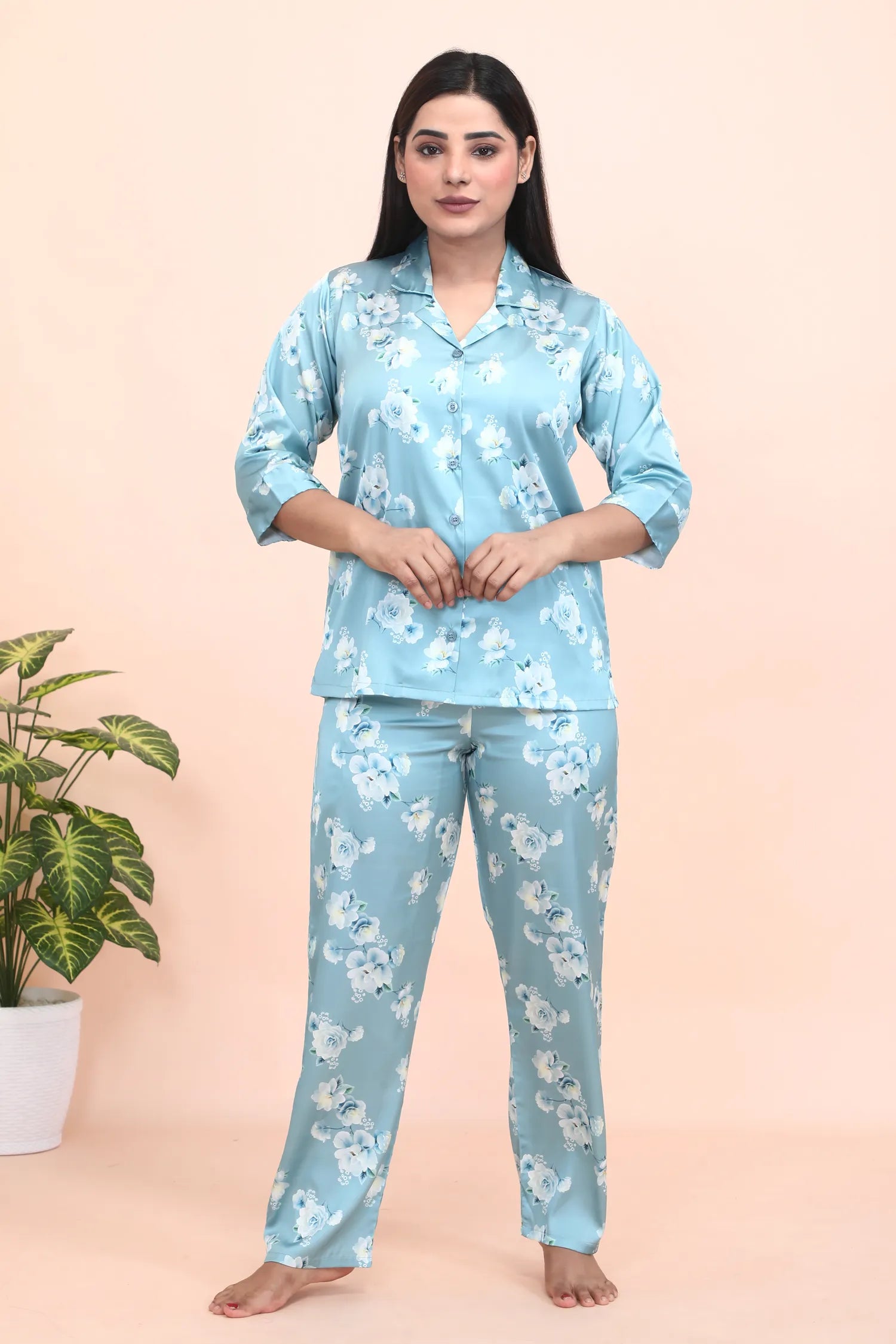 Velure Appealing Floral Print Night Suit - Velure - - 3/4 Sleeves, Collar Neck, Front Button Open, Full Length Pant, Satin