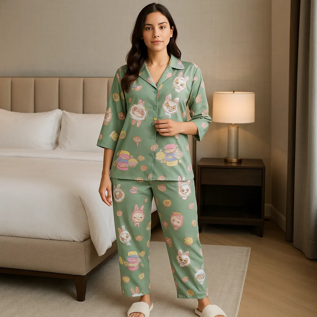 Velure Labubu Green Satin Night Suit