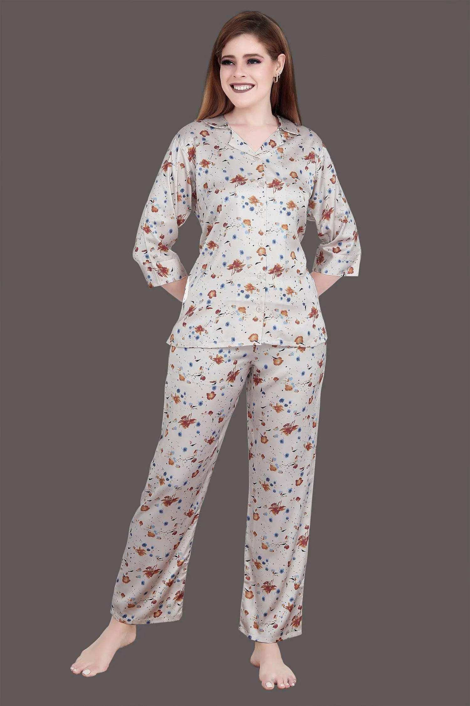Velure Vintage Floral Print Satin Night Suit - Velure - - 3/4 Sleeves, Abstract Print, Collar Neck, Front Button Open, Full Length Pant, Satin