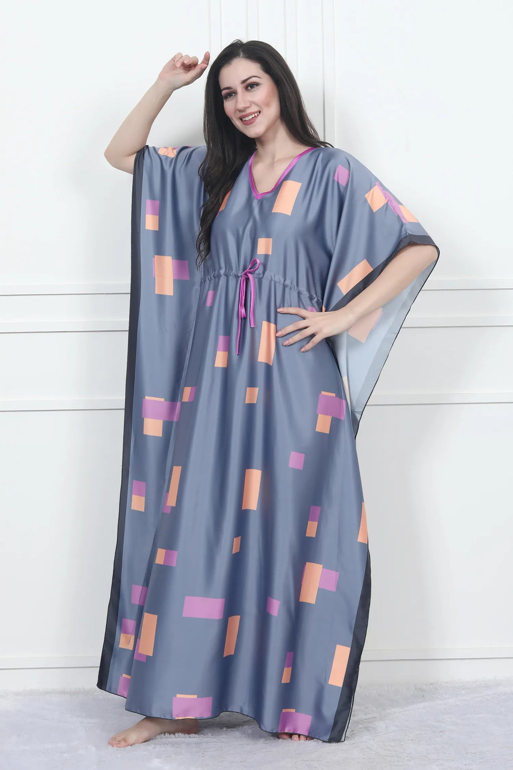 Velure Modern Geometric Print Kaftan - Velure - - Center Drawstring, Full Length Nighty, Satin