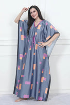Velure Modern Geometric Print Kaftan - Velure - - Center Drawstring, Full Length Nighty, Satin