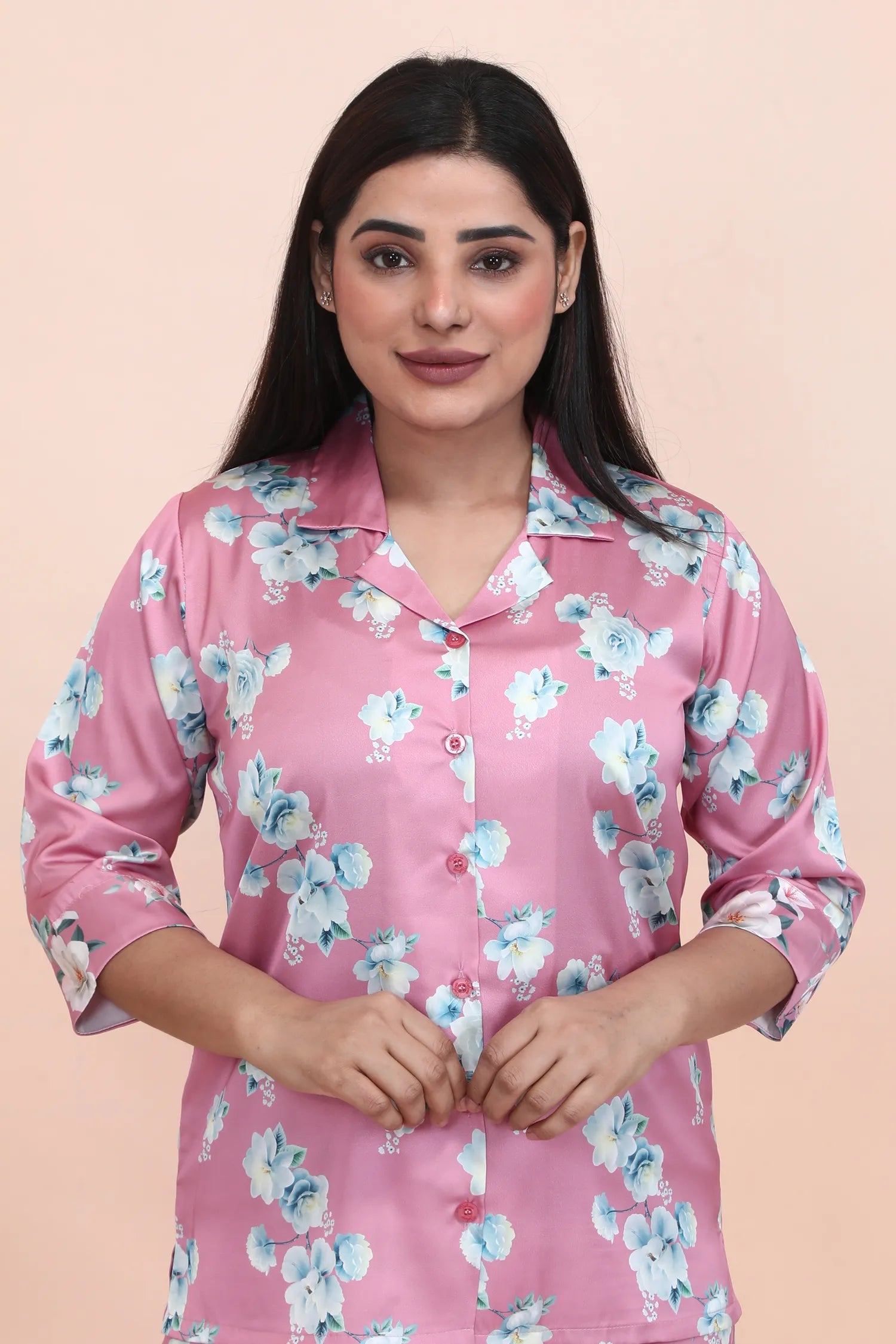 Velure Pink Floral Print Night Suit - Velure - - 3/4 Sleeves, Collar Neck, Front Button Open, Full Length Pant, Satin