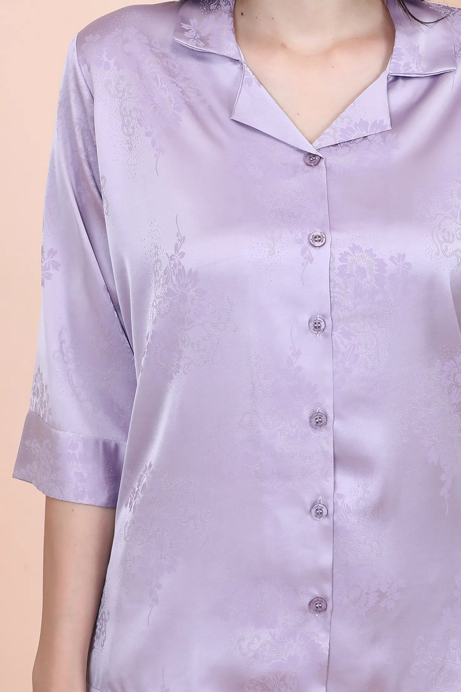Velure Ethnic Lavender Satin Night Suit - Velure - - 3/4 Sleeves, Collar Neck, Front Button Open, Full Length Pant, Printed, Satin