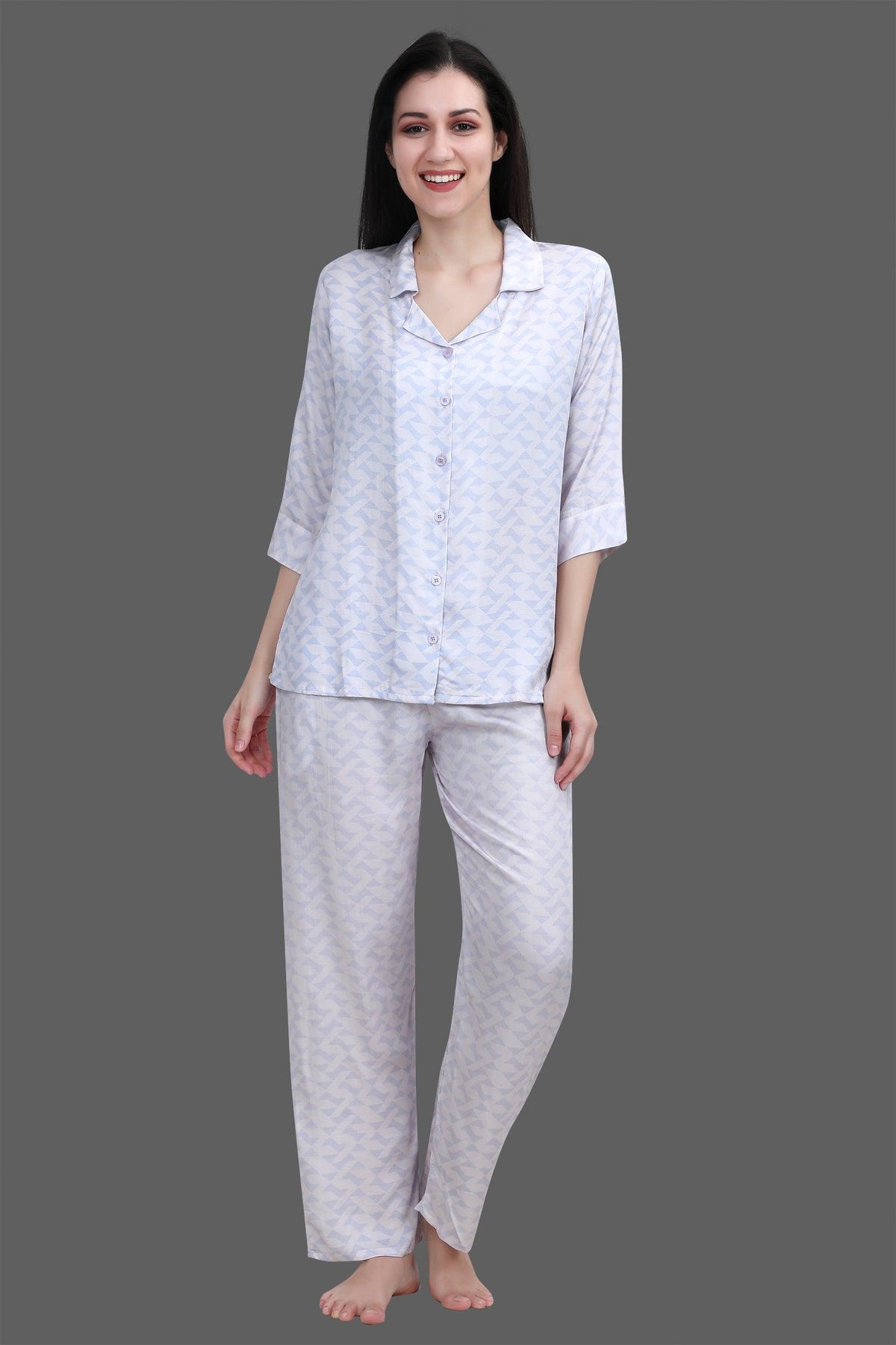 Velure Classic Geometric Print Night Suit - Velure - - 3/4 Sleeves, Abstract Print, Collar Neck, Cotton, Front Button Open, Full Length Pant