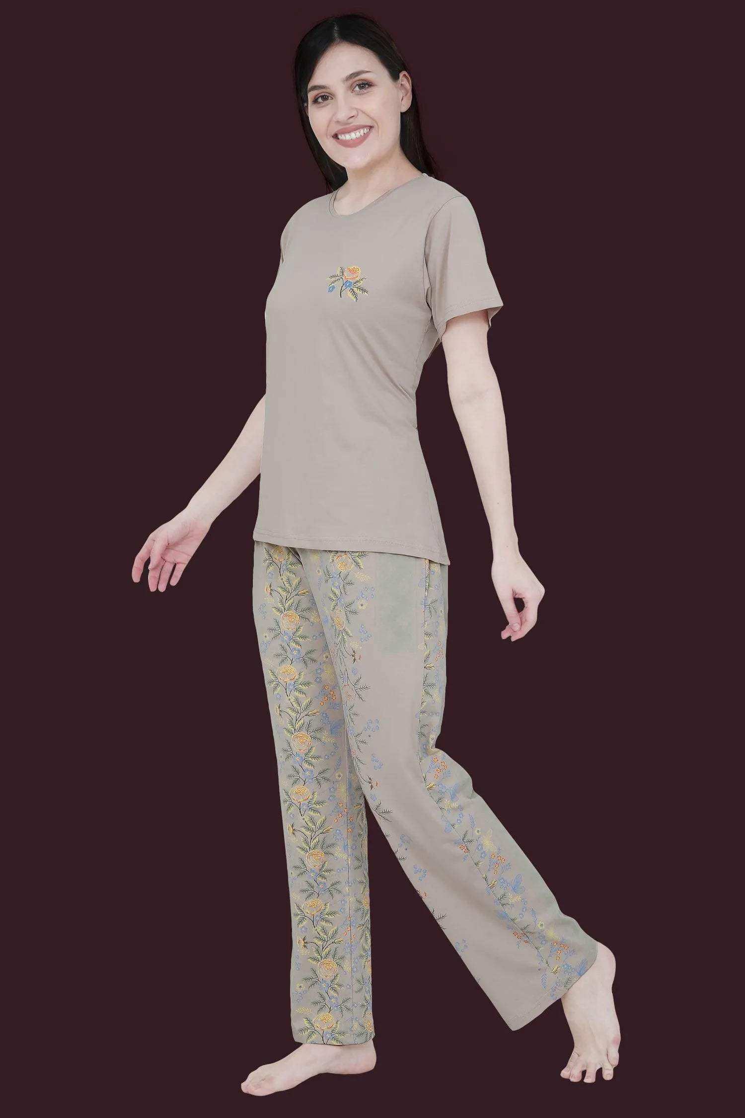 Velure Abstract Floral Print Pajama Set - Velure - - Floral Print, Full Length Pant, Half Sleeves, Round neck nightsuit