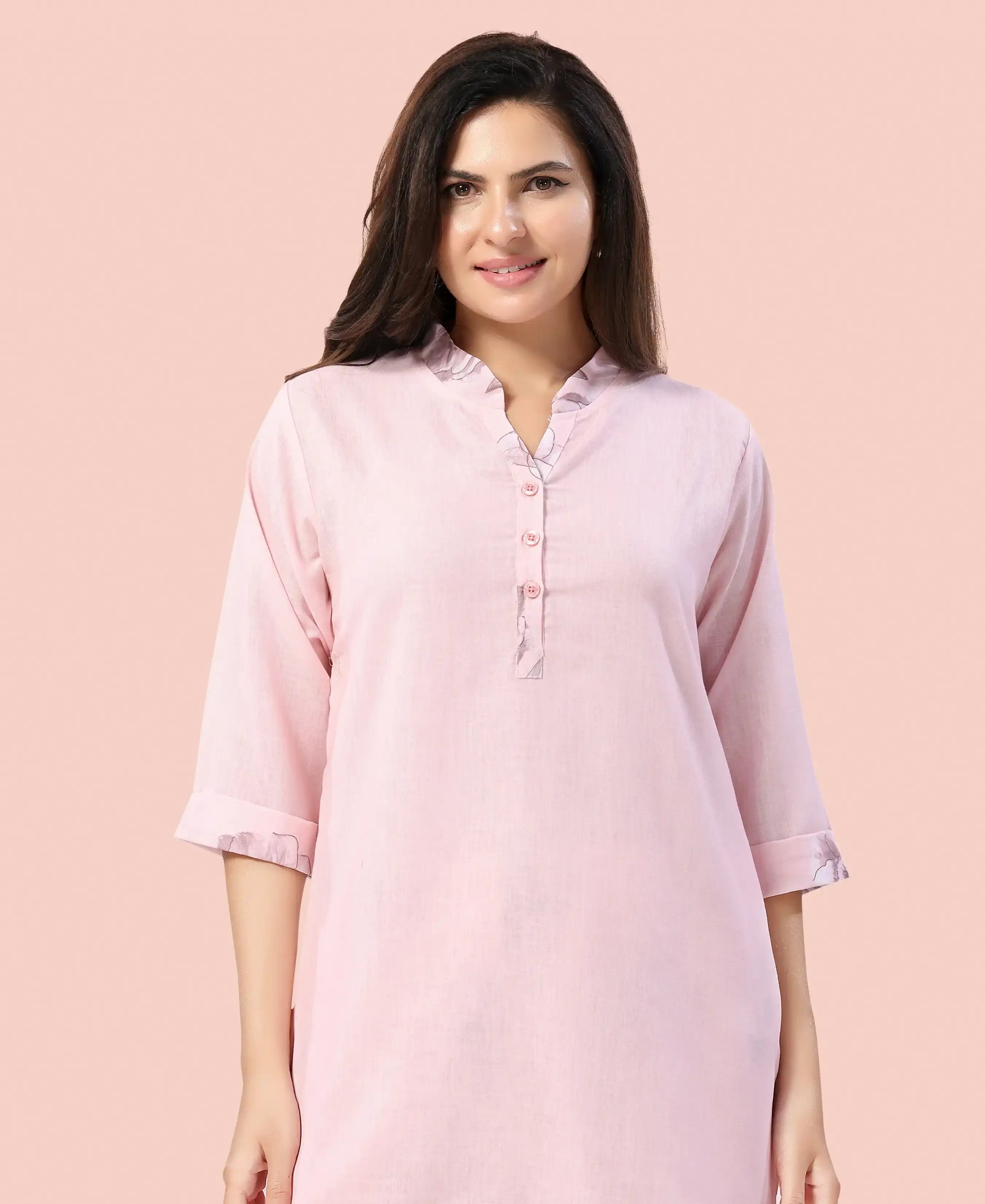 Velure Stylish Floral Print Kurti Style Night Suit - Velure - - 3/4 Sleeves, Collar Neck, Full Length Pant, Linen, Printed