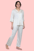 Velure Classic Ribbon Print Satin Night Suit - Velure - - 3/4 Sleeves, Collar Neck, Front Button Open, Full Length Pant, Satin