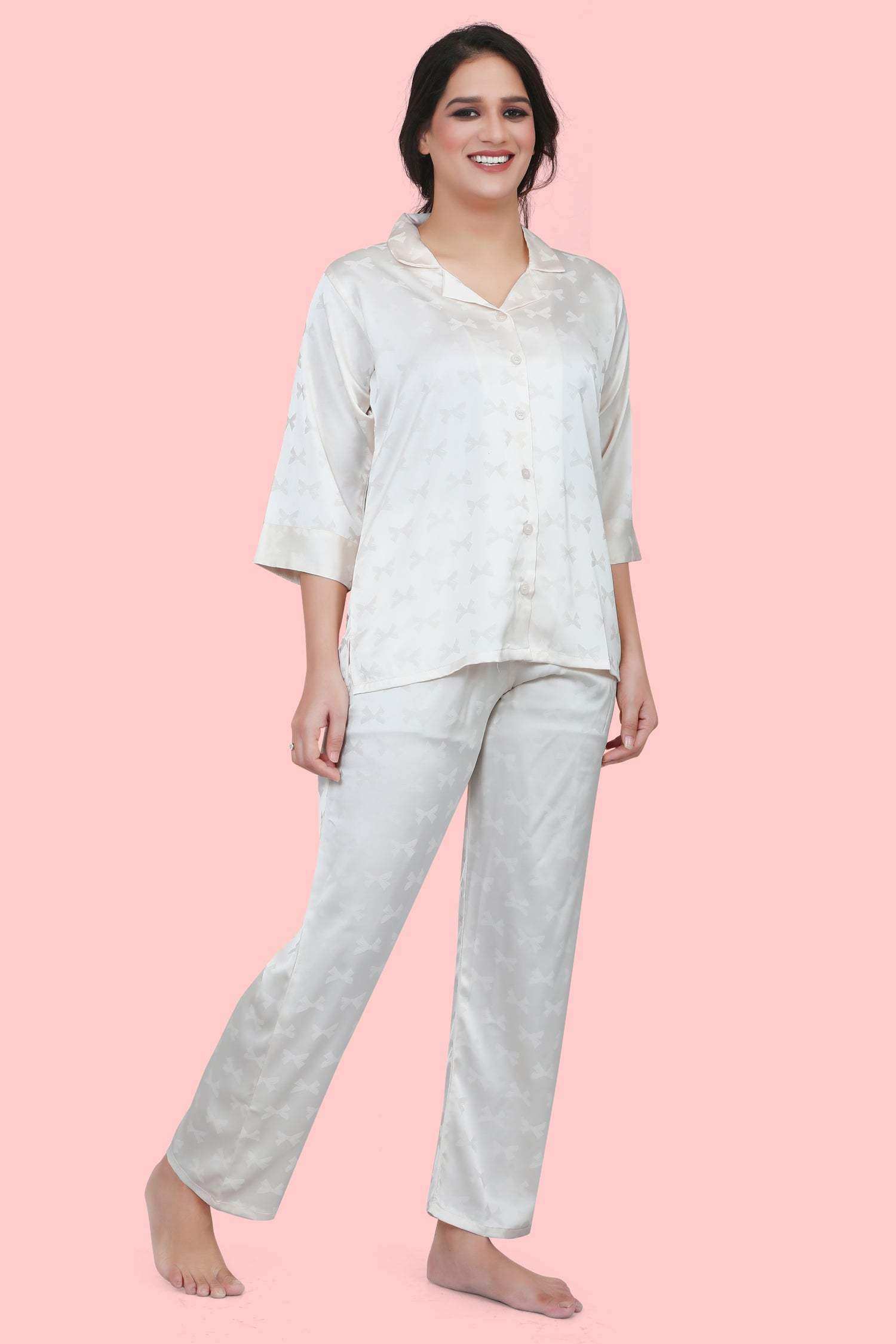 Velure Classic Ribbon Print Satin Night Suit - Velure - - 3/4 Sleeves, Collar Neck, Front Button Open, Full Length Pant, Satin