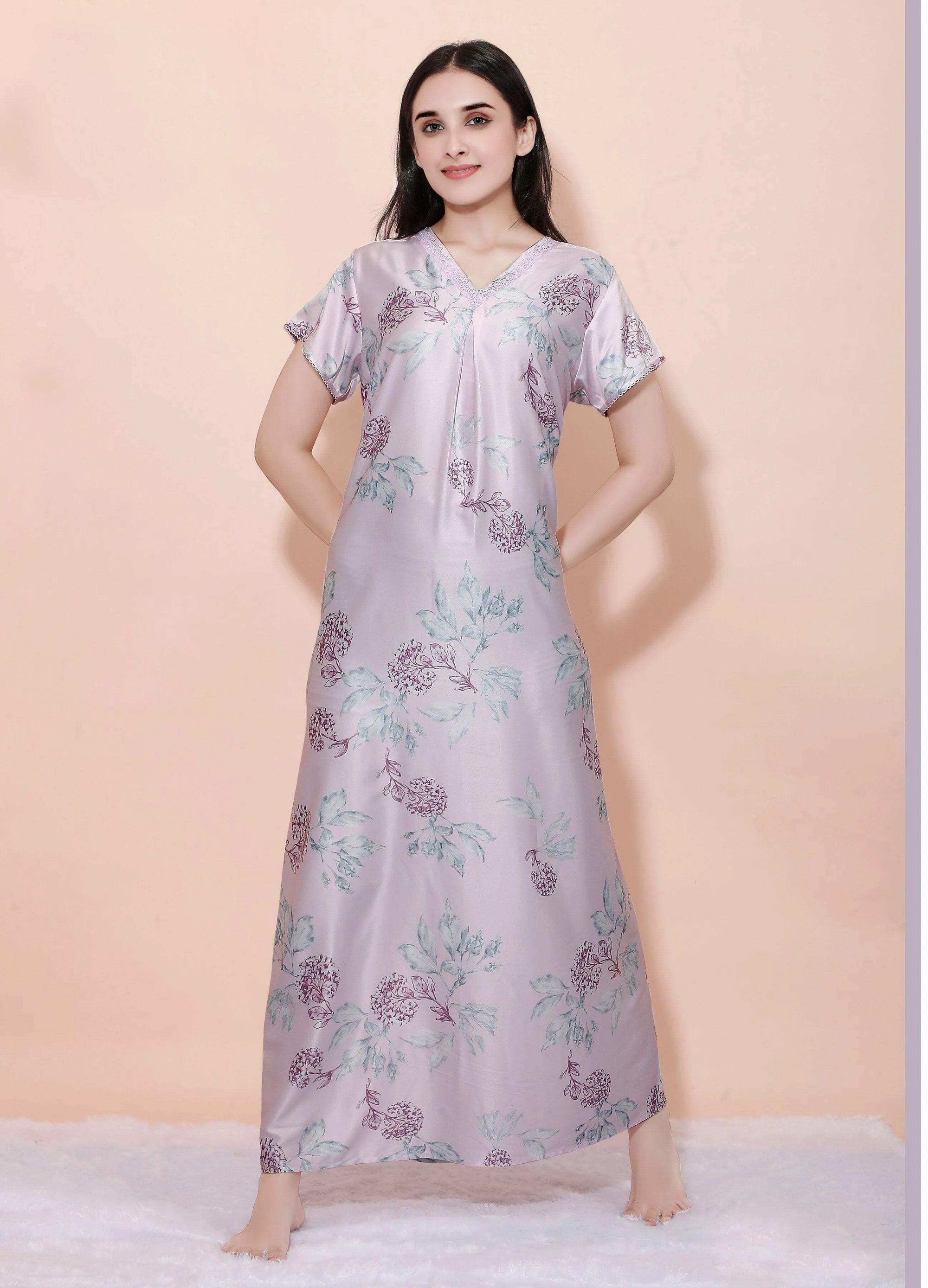 Velure Italian Attractive Baby Pink Floral Print Satin Nighty - Velure - - Floral Print, Full Length Nighty, Half Sleeves Nighty, Satin
