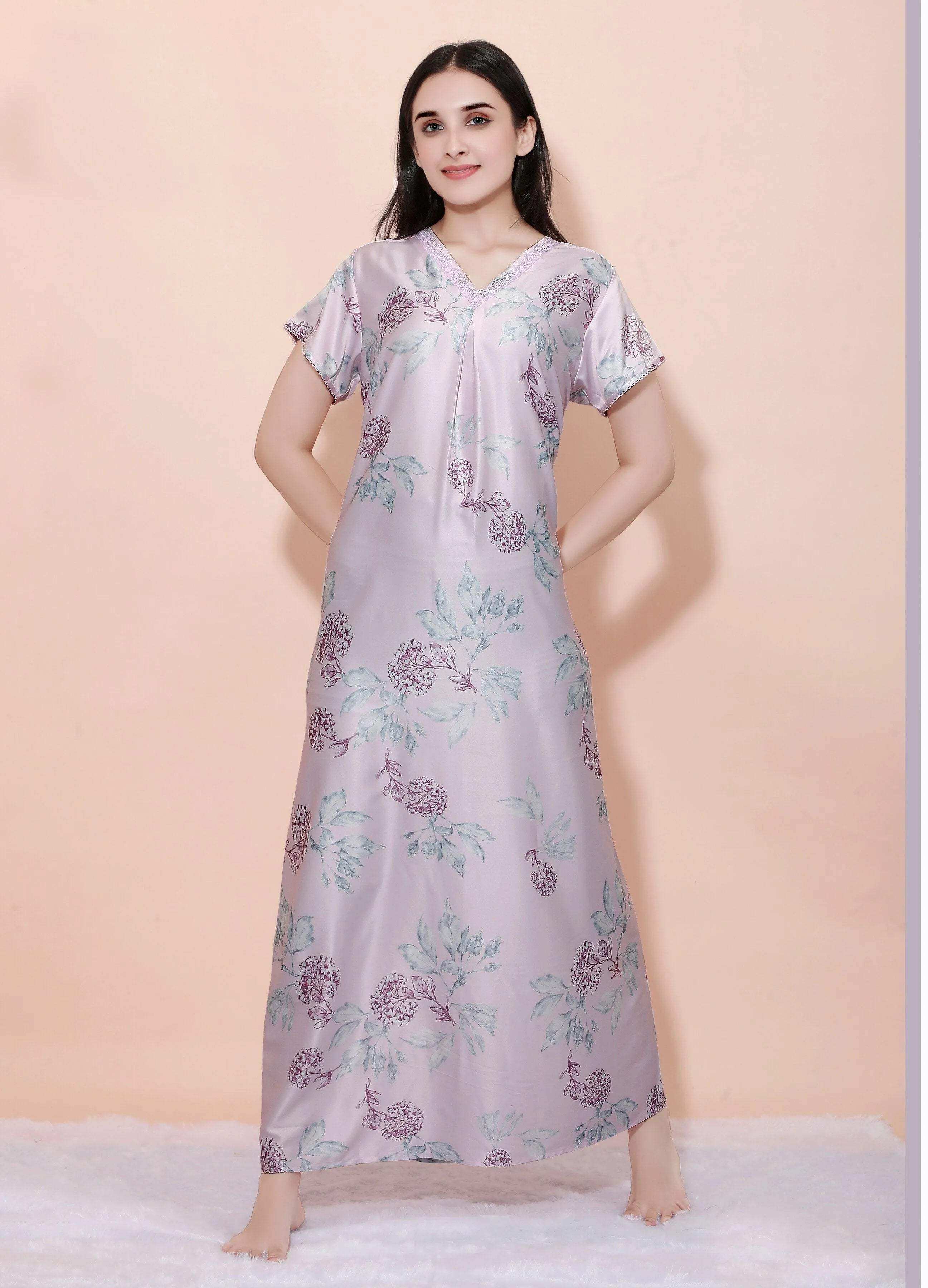 Velure Italian Attractive Baby Pink Floral Print Satin Nighty - Velure - - Floral Print, Full Length Nighty, Half Sleeves Nighty, Satin