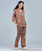 Velure Charming Relaxed Floral Print Night Suit - Velure - - 3/4 Sleeves, Collar Neck, Floral Print, Front Button Open, Full Length Pant, Satin