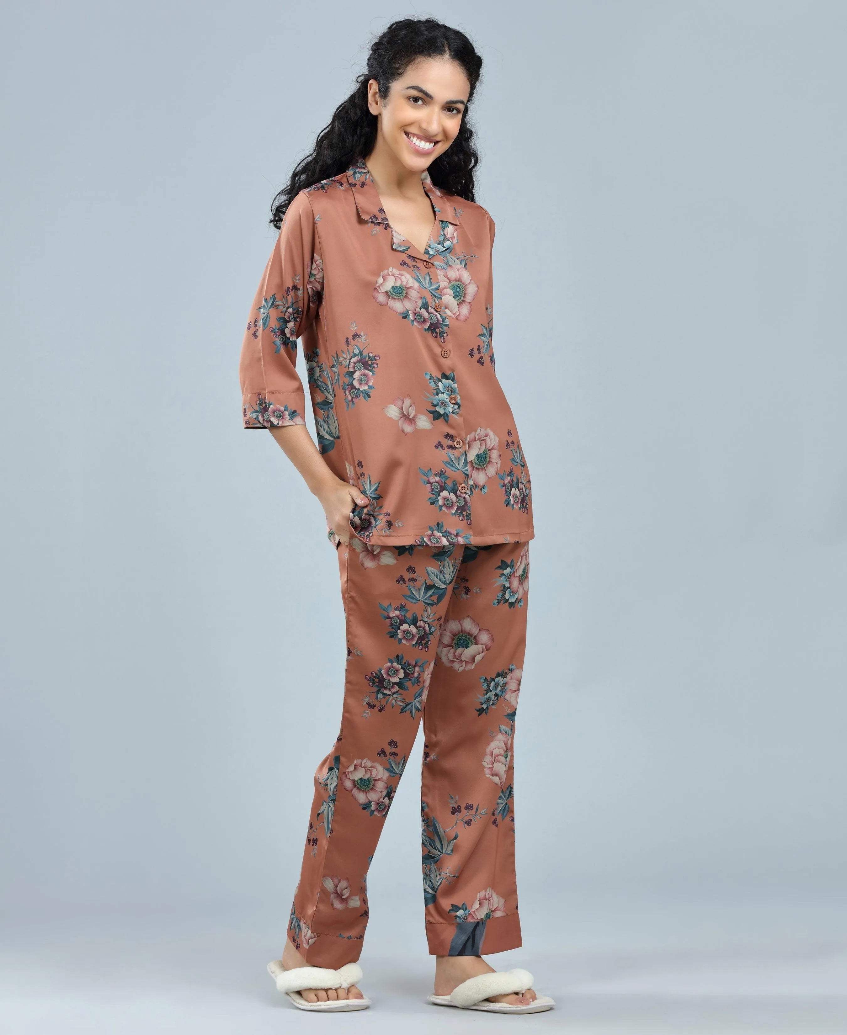 Velure Charming Relaxed Floral Print Night Suit - Velure - - 3/4 Sleeves, Collar Neck, Floral Print, Front Button Open, Full Length Pant, Satin