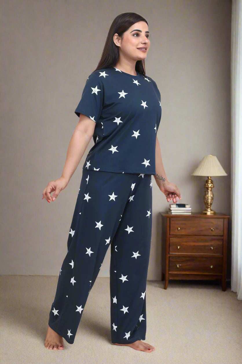 Velure Glossy Star Print Palazzo Night Suit - Velure - - Cotton Lycra Fabric, Full Length Pant, Half Sleeves, Round neck