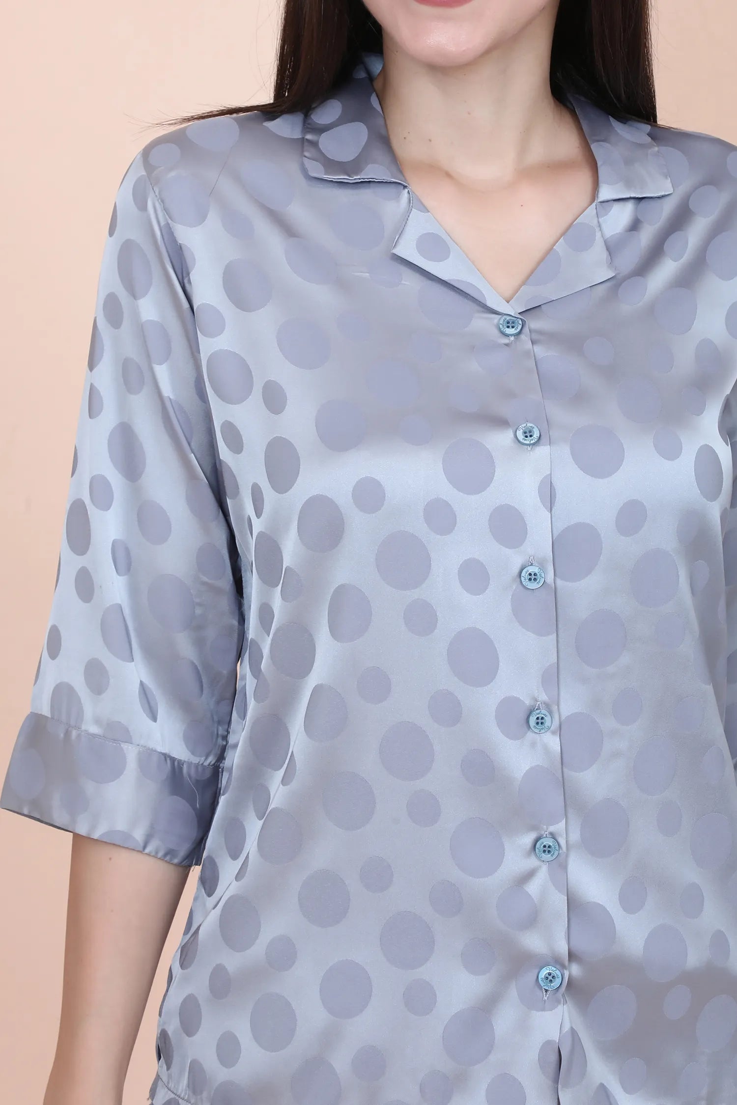 Velure Grey Casual Polka Dot Satin Night Suit