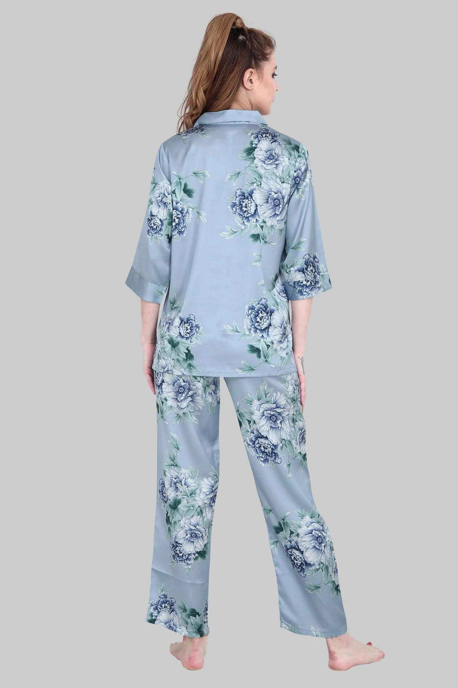 Velure Appealing Floral Print Satin Night Suit - Velure - - 3/4 Sleeves, Collar Neck, Floral Print, Front Button Open, Full Length Pant, Satin