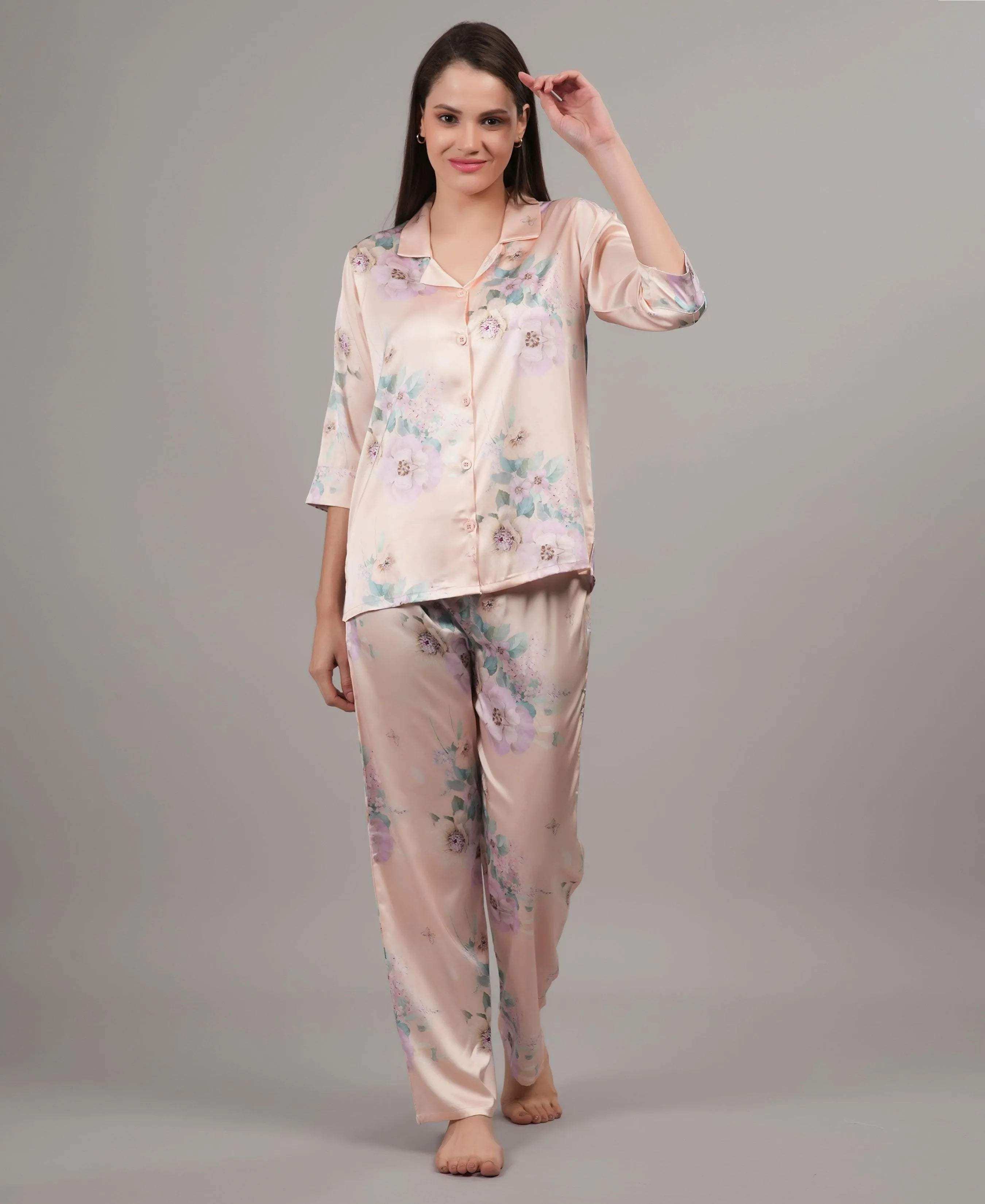 Velure Pleasant Floral Satin Print Night Suit - Velure - - 3/4 Sleeves, Collar Neck, Floral Print, Front Button Open, Full Length Pant, Satin