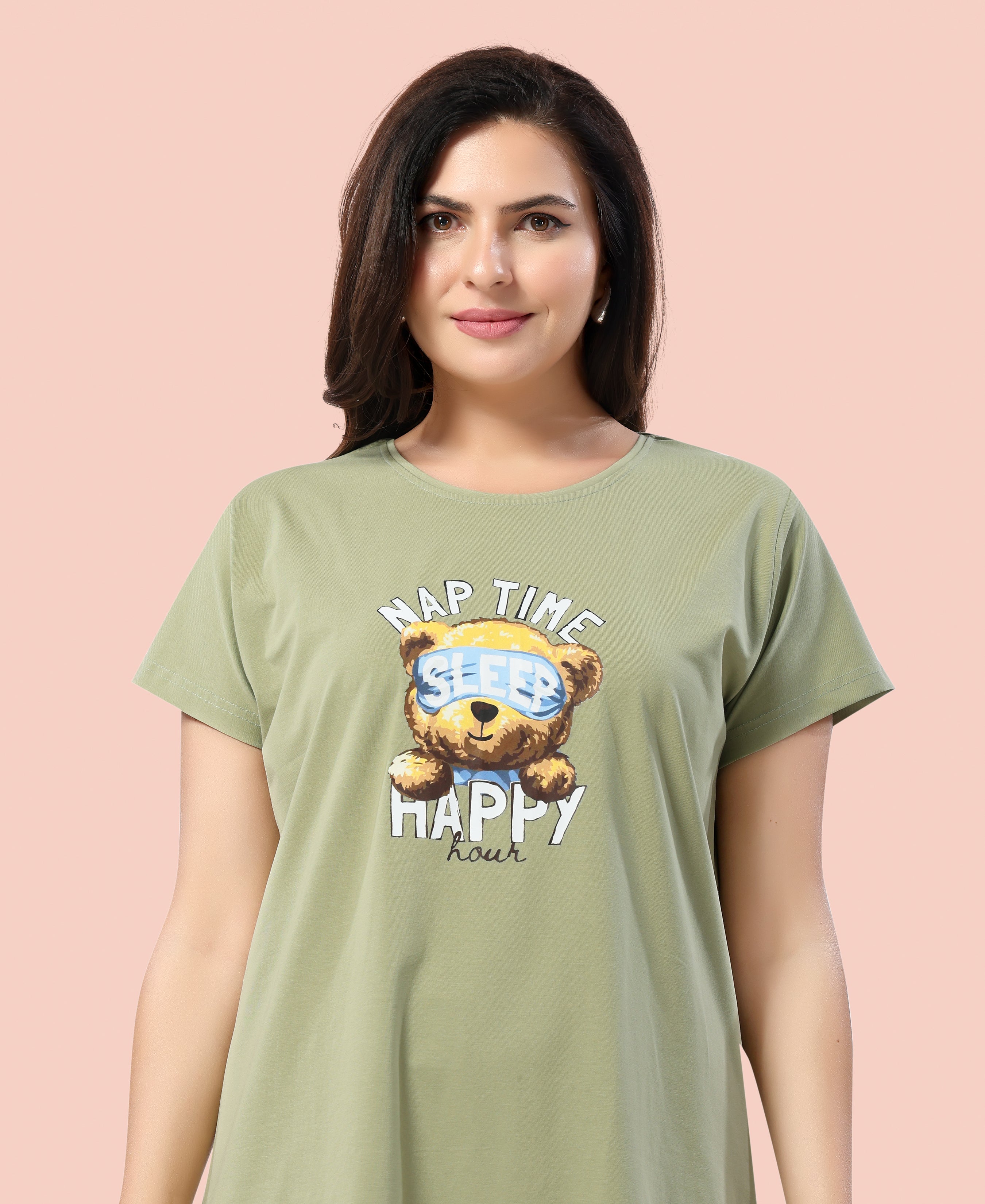 Velure Cozy Teddy Bear Nap Time Short Nighty - Velure - - Cotton, Knee Length, Printed, Round neck