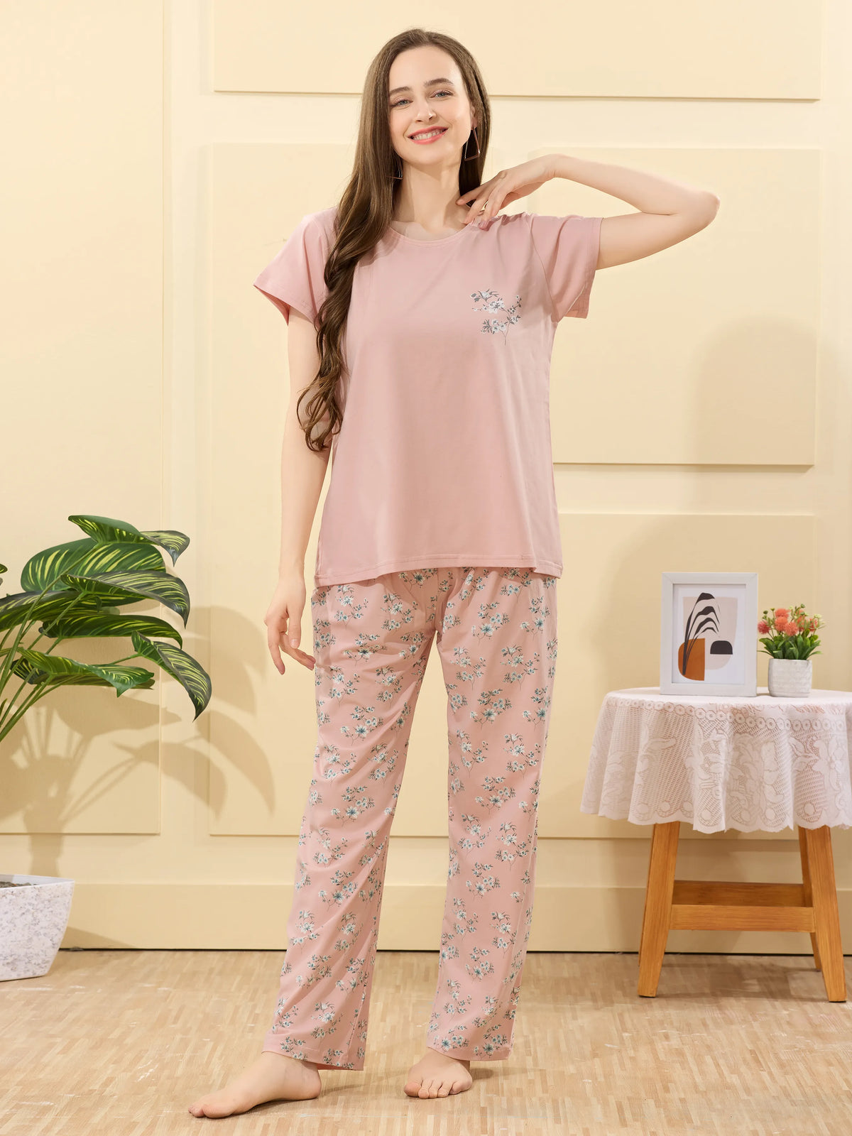 Velure Refreshing Floral Print Pajama Set - Velure - - Cotton Lycra Fabric, Full Length Pant, Half Sleeves, Round neck nightsuit