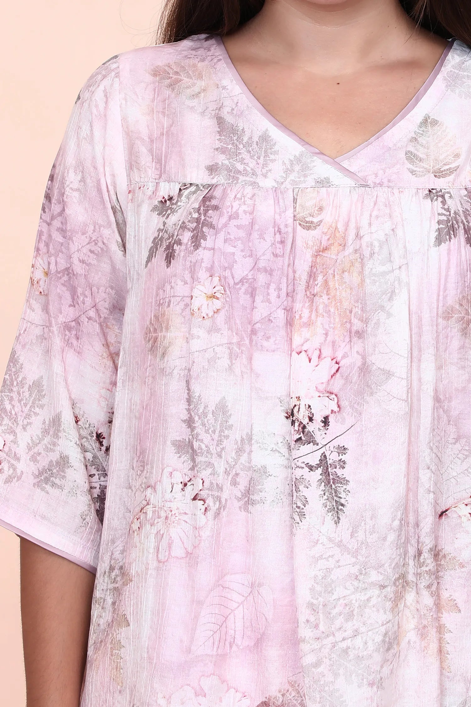 Velure Pink Leaves Print Frock-Style Night Suit - Velure - - 3/4 Sleeves, Cotton, Frock Style, Full Length Pant, Linen