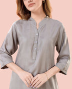 Velure Chic Grey Kurti Style Night Suit - Velure - - 3/4 Sleeves, Collar Neck, Cotton, Front Button Open, Full Length Pant