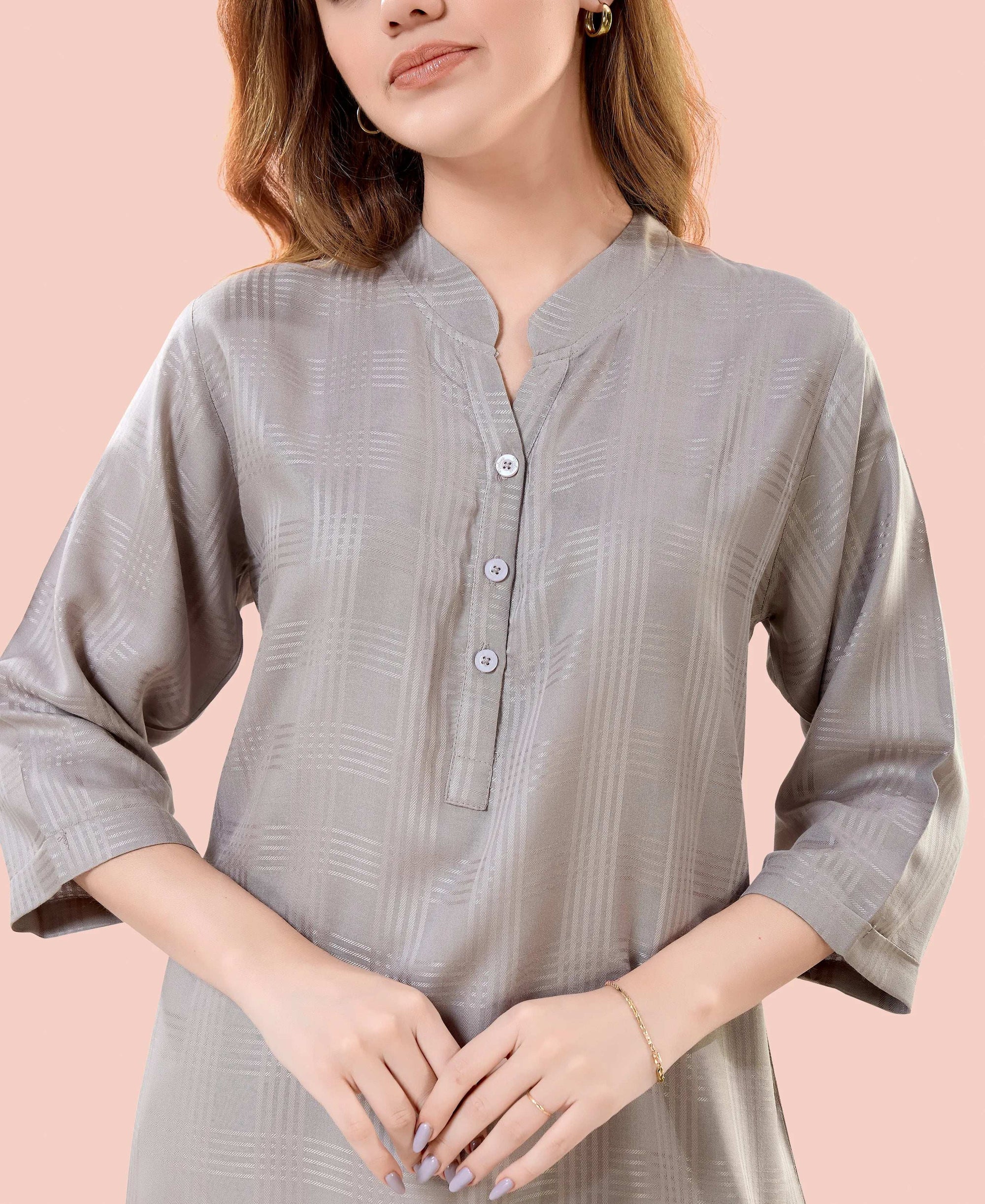 Velure Chic Grey Kurti Style Night Suit - Velure - - 3/4 Sleeves, Collar Neck, Cotton, Front Button Open, Full Length Pant