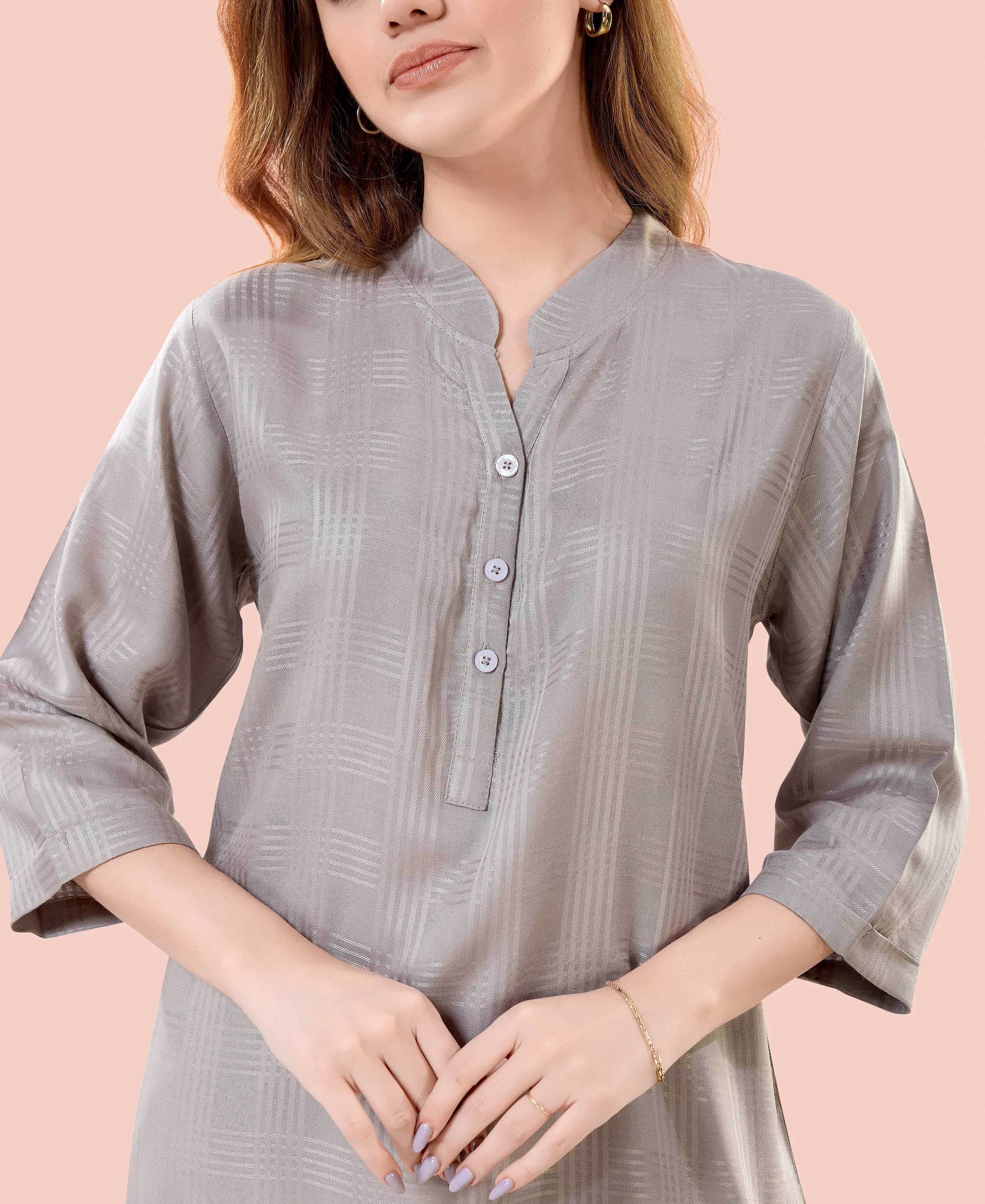 Velure Chic Grey Kurti Style Night Suit - Velure - - 3/4 Sleeves, Collar Neck, Cotton, Front Button Open, Full Length Pant