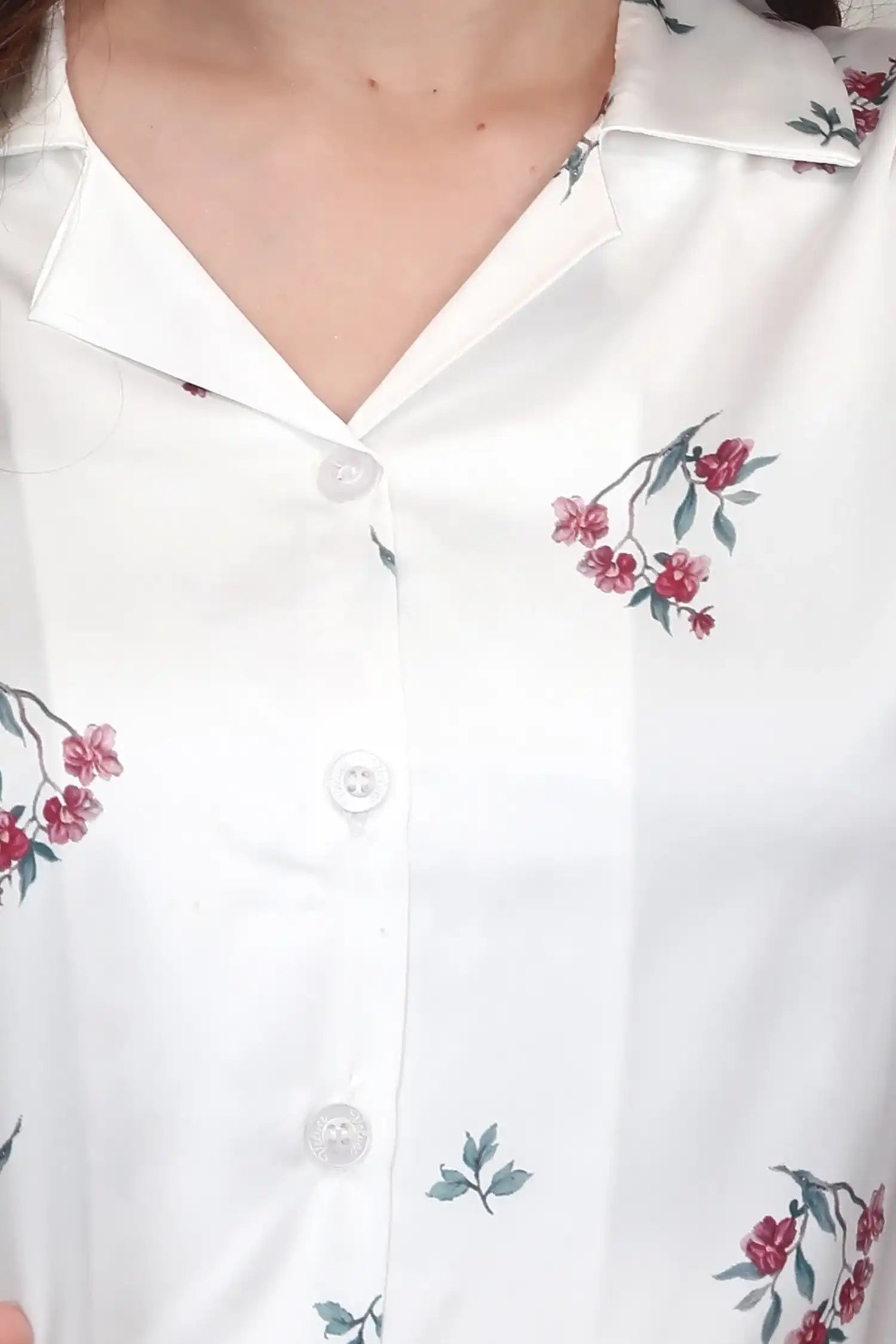 Velure Adorable White Floral Satin Night Suit